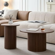 Round Nesting Coffee Tables Set of 2, Boho Wood Circle Side Table Fluted Drum for Living Room Bedroom, Apartment(Walnut)