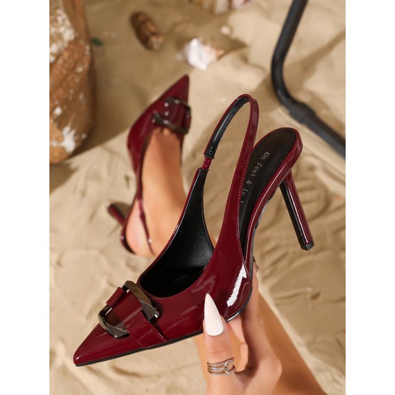 Red wine Patent Leather Slingback High Heels for Women, Pointed Toe Metal Buckle Stiletto Pumps, Elegant Formal Dress Shoes for Party Wedding Work