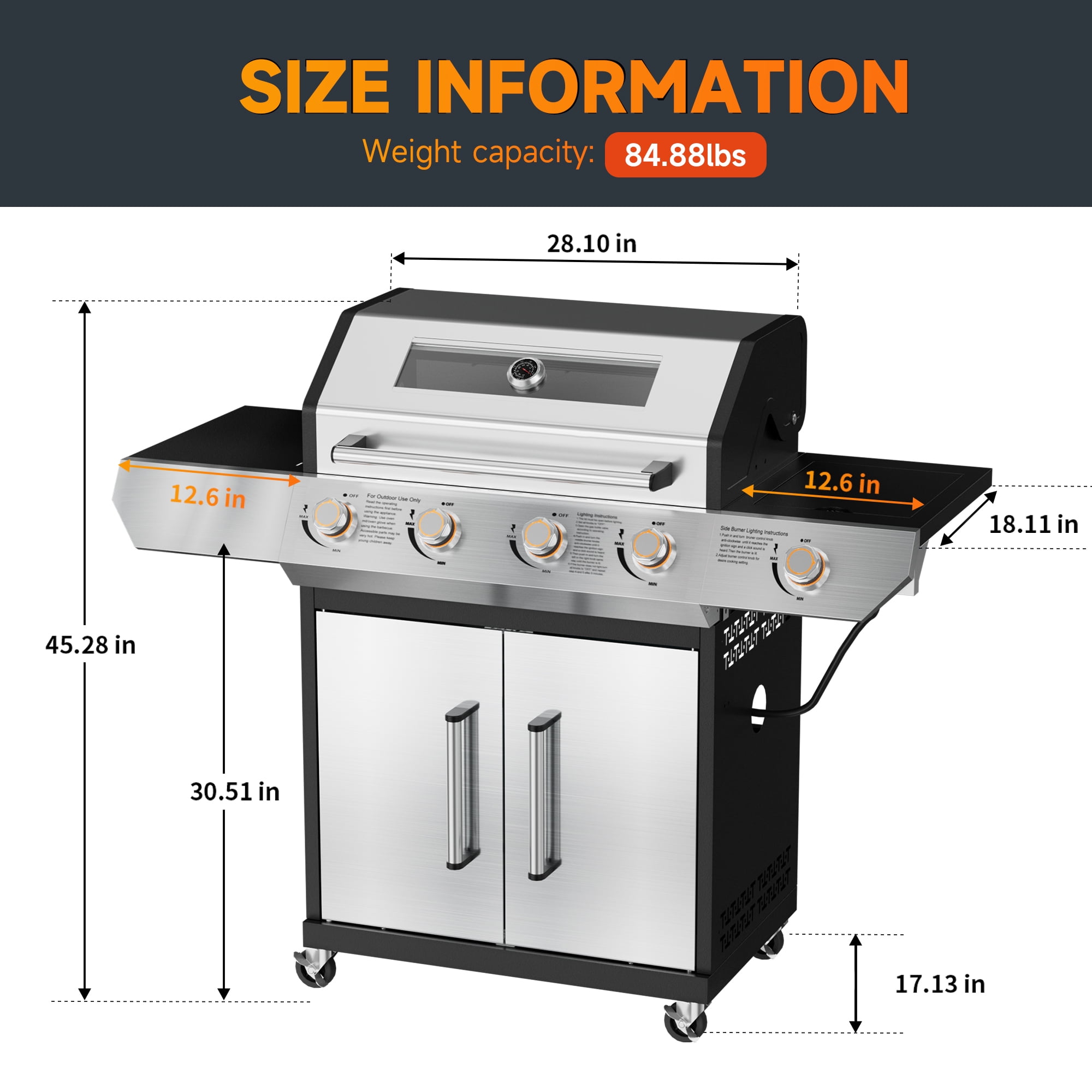 SKOK 4-Burner Gas Grill 60000 BTU, 629 sq in Cooking, LED Knobs, Side Burner, Porcelain Grates, Glass Panel, Outdoor
