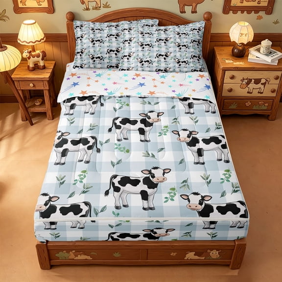 meiyoeat Blue Plaid Farm Cow Zipper Twin Comforter Sets with Fitted Sheet and 2 Pillowcases,Cute Animal Print Zipper Bedding Set For Girl,Reversible,4 Pieces