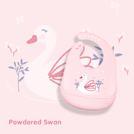 

Waterproof Silicone Baby Bib Light Weight Comfortable Easy Wipe Clean --- Powdered Swan