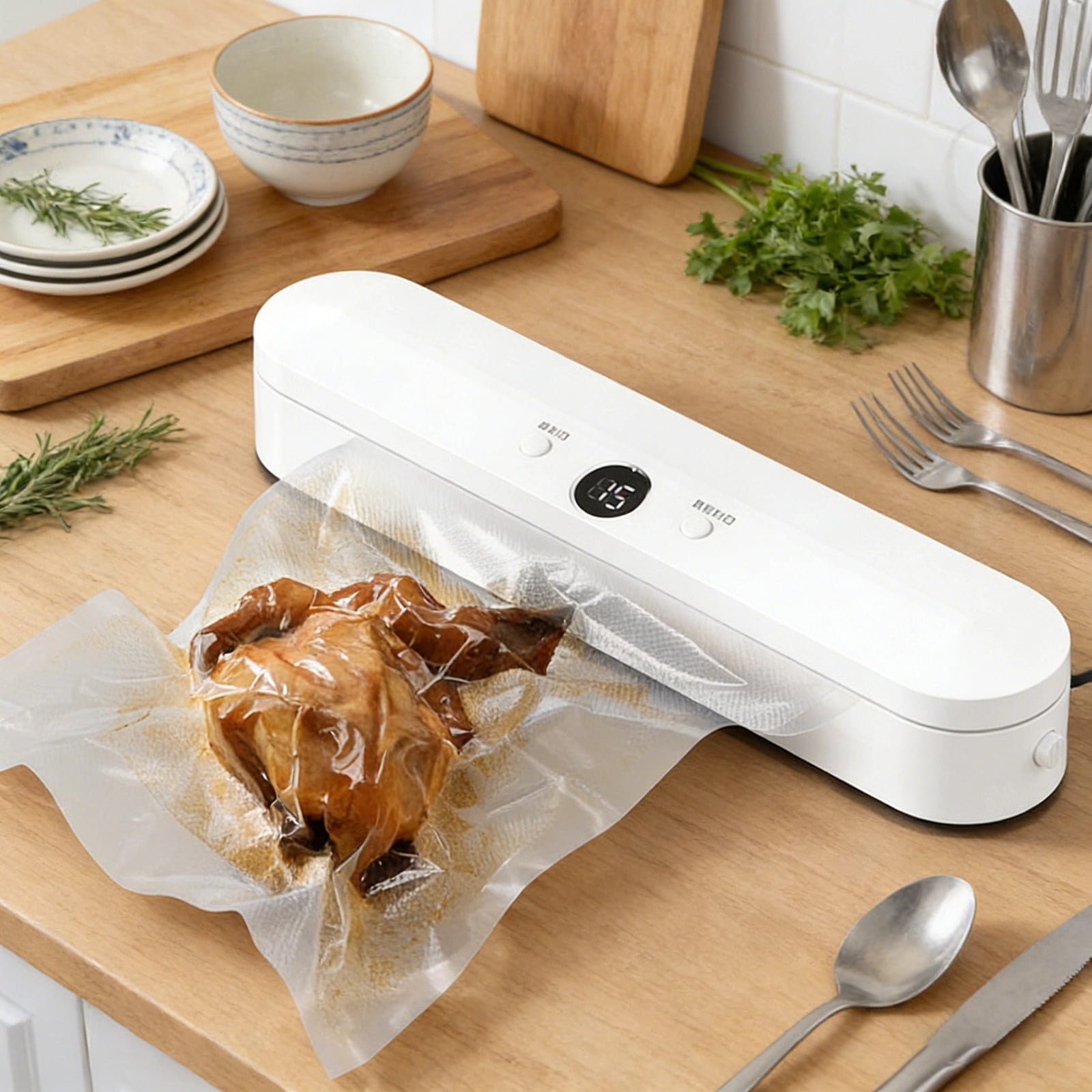 Compact Food Vacuum Sealer for Food Preservation, Automatic Vacuum Sealer for Plastic Bags, Including 110 Sealing Bags, One-Button Operation, 60Kpa Vacuum, Keeps Food Fresh for Longer