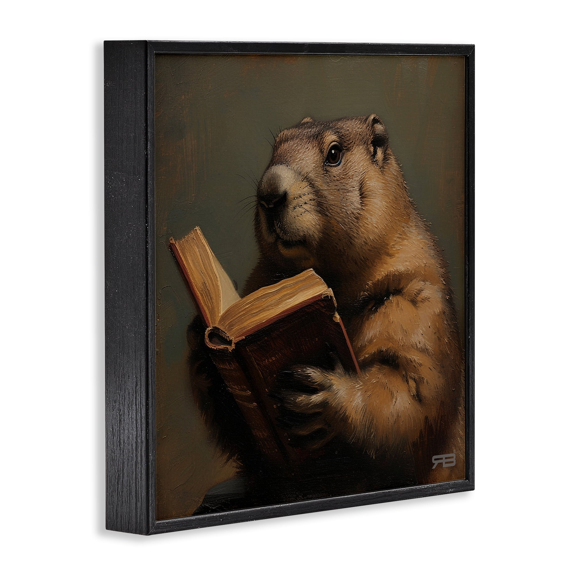 Stupell Industries Groundhog Reading Book Animals & Insects Painting Black Framed Art Print Wall Art, 24 x 24