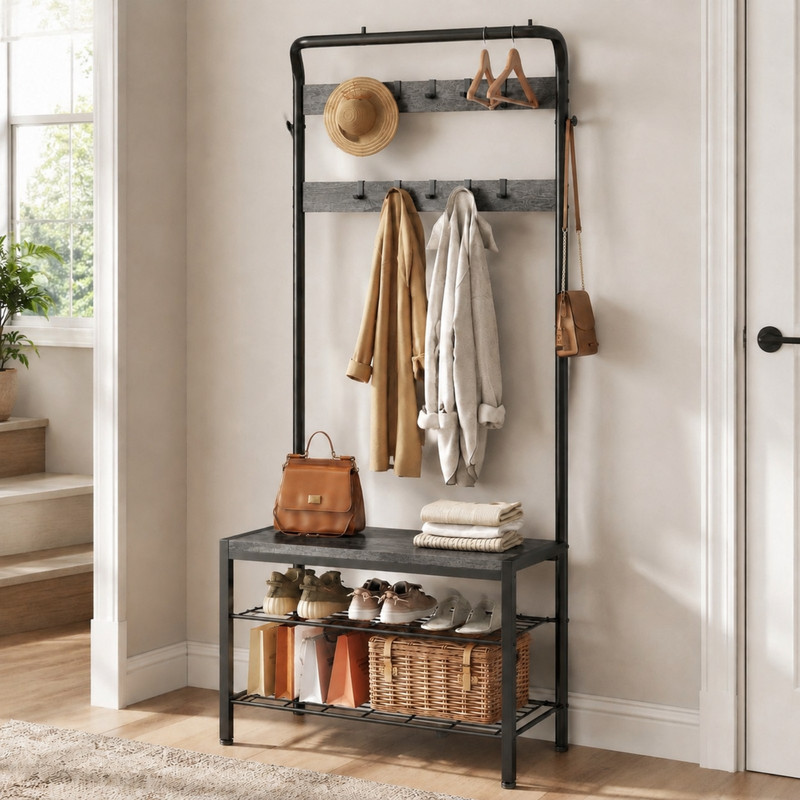 BEAUTYPEAK 5-in-1 Hall Tree 72"x28" Entryway Coat Rack with Shoe Bench Hanging Rod 10 Movable Hooks and 2-Tier Shoe Storage, Wood Gray