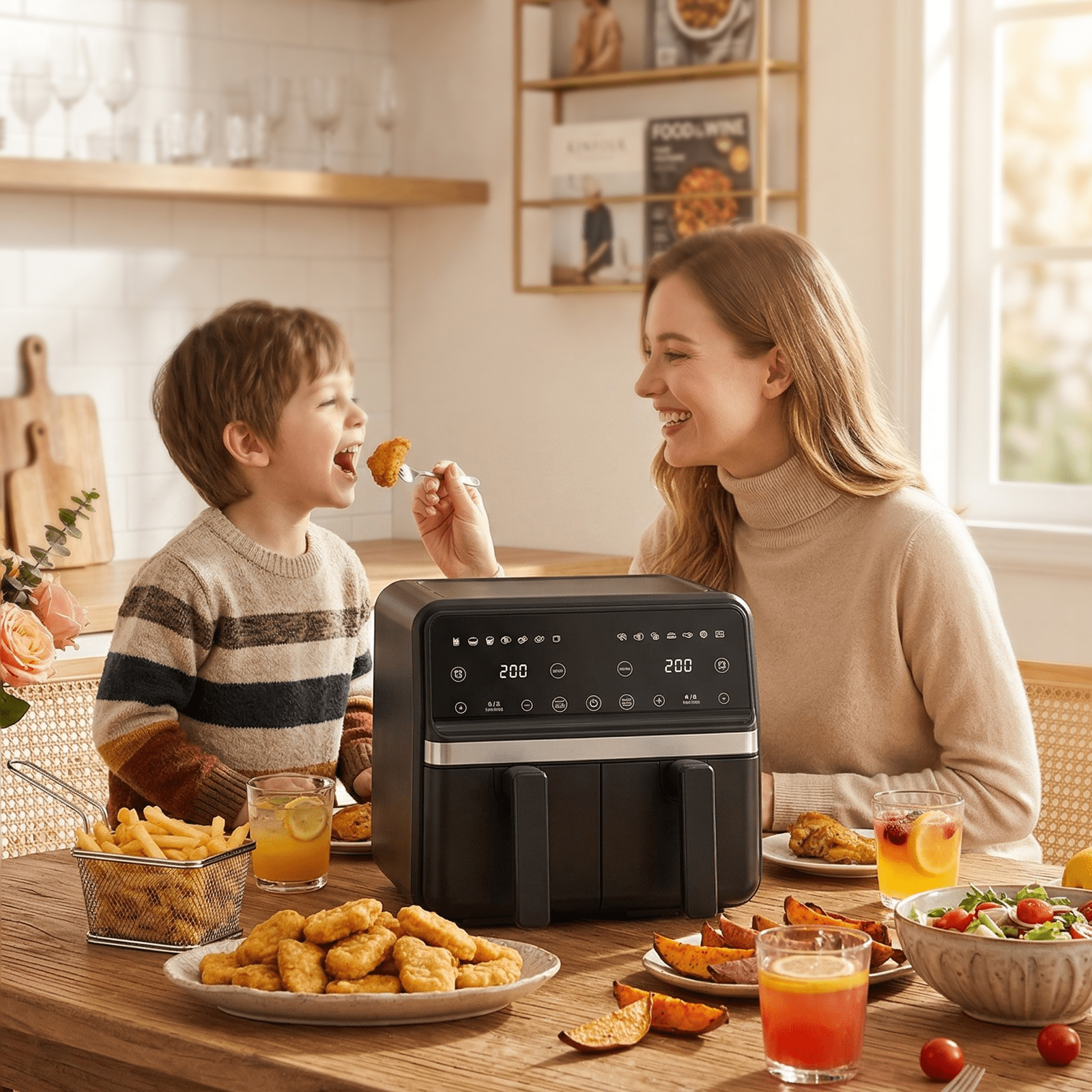 Dual Basket Air Fryer, XL Basket for 6 LB Whole Chicken, Double Stack Compact Design, 14-in-1 Functions with Reheat, Dehydrate, Black