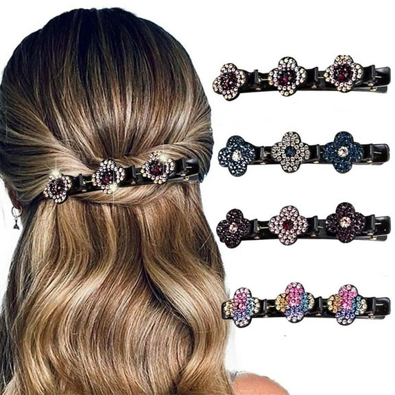 Four-Leaf Clover Chopped Clips,Glitter Braided Hair Clips,Sparkling Crystal Stone Hair Clips,Shiny Rhinestones Duckbill Clip,for Women Girls Hair Accessories Set of 4