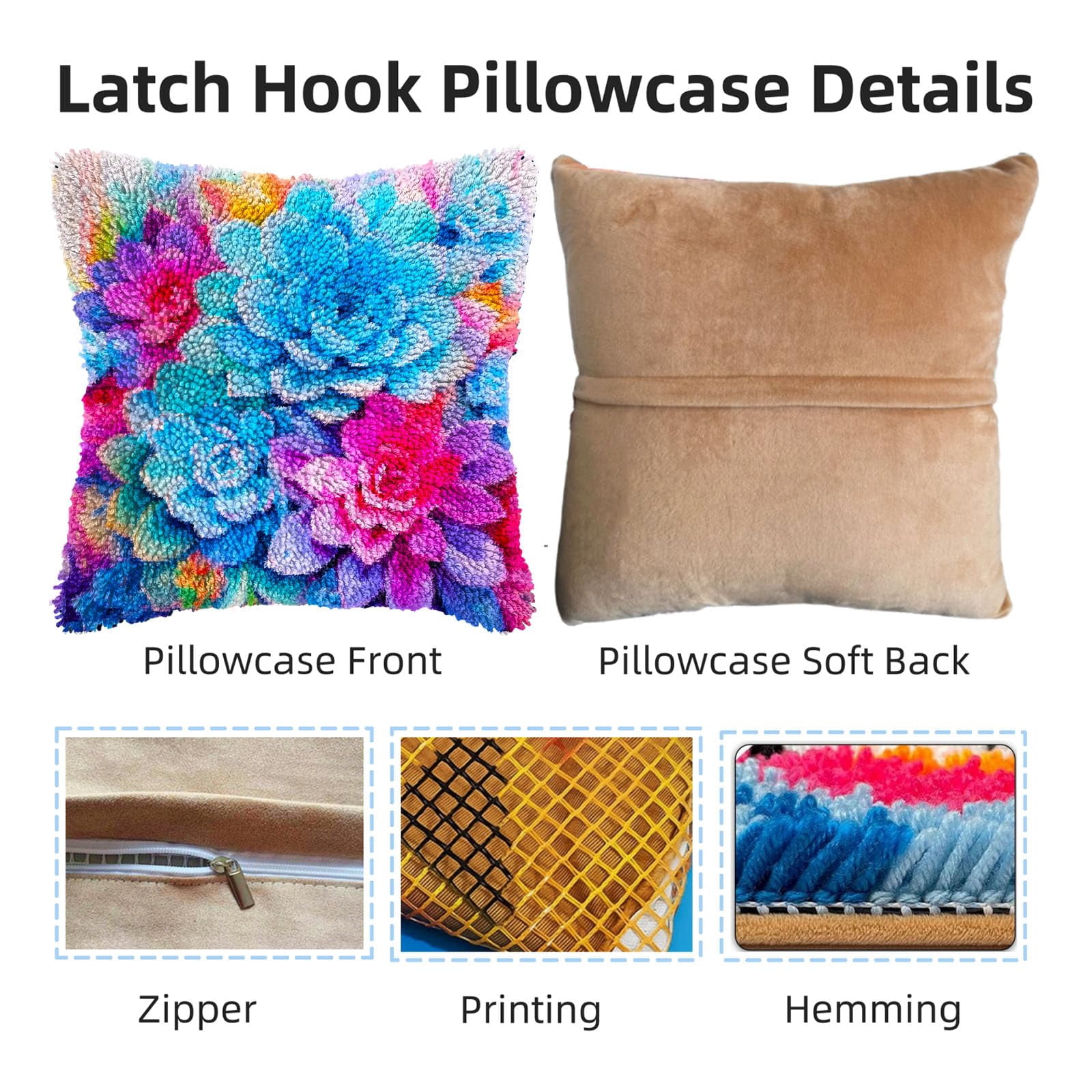Colorful Flower Succulent Plants DIY Latch Hook Pillow Kits for Adults Printed Pillowcase Crochet Yarns Hooking Handmade Pillow Cover Cushion for Home Sofa Decoration 17x17inch(1)
