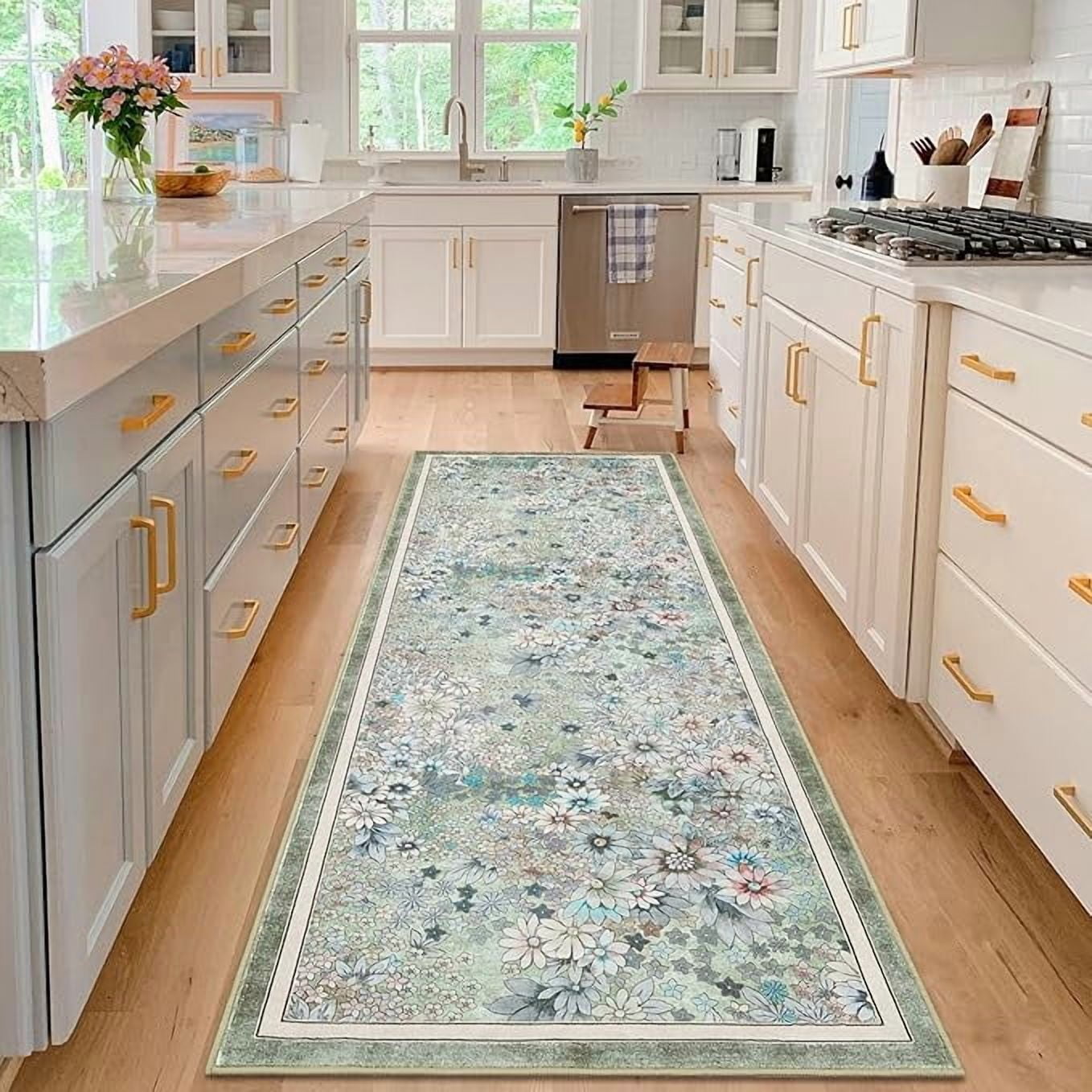 10'x 13' Runner Rug for Hallways Kitchen Non Slip Washable Rugs with Rubber Backing Soft Floral Carpet Runner for Hallways, Kitchen, Laundry, Bedroom, Bathroom-Green