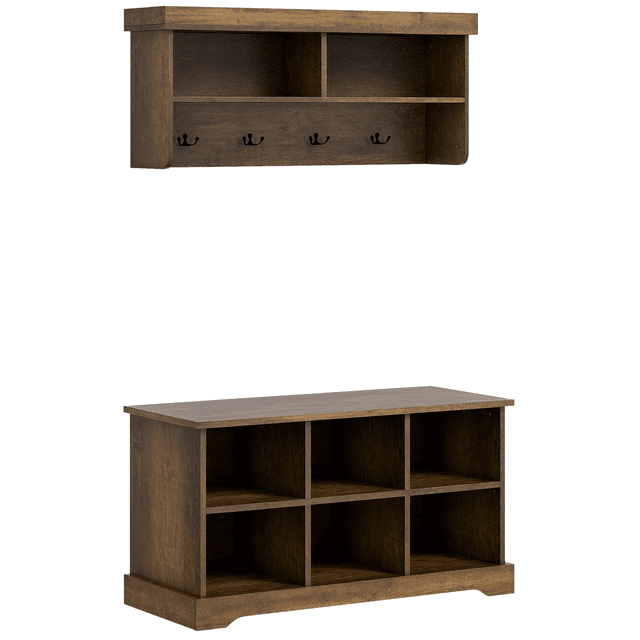 HOMCOM Ensemble de Banc à Chaussures et Portemanteau avec 8 Casiers de Rangement, Brun Rustique
