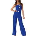 thumbnail image 3 of Sleeveless Lace Up Romper Jumpsuit for Women Buttons Solid Color Loose Straight Pants Fashion Romper Pants Casual Daily Streetwear Aesthetic | CSEONE,Blue XL, 3 of 9