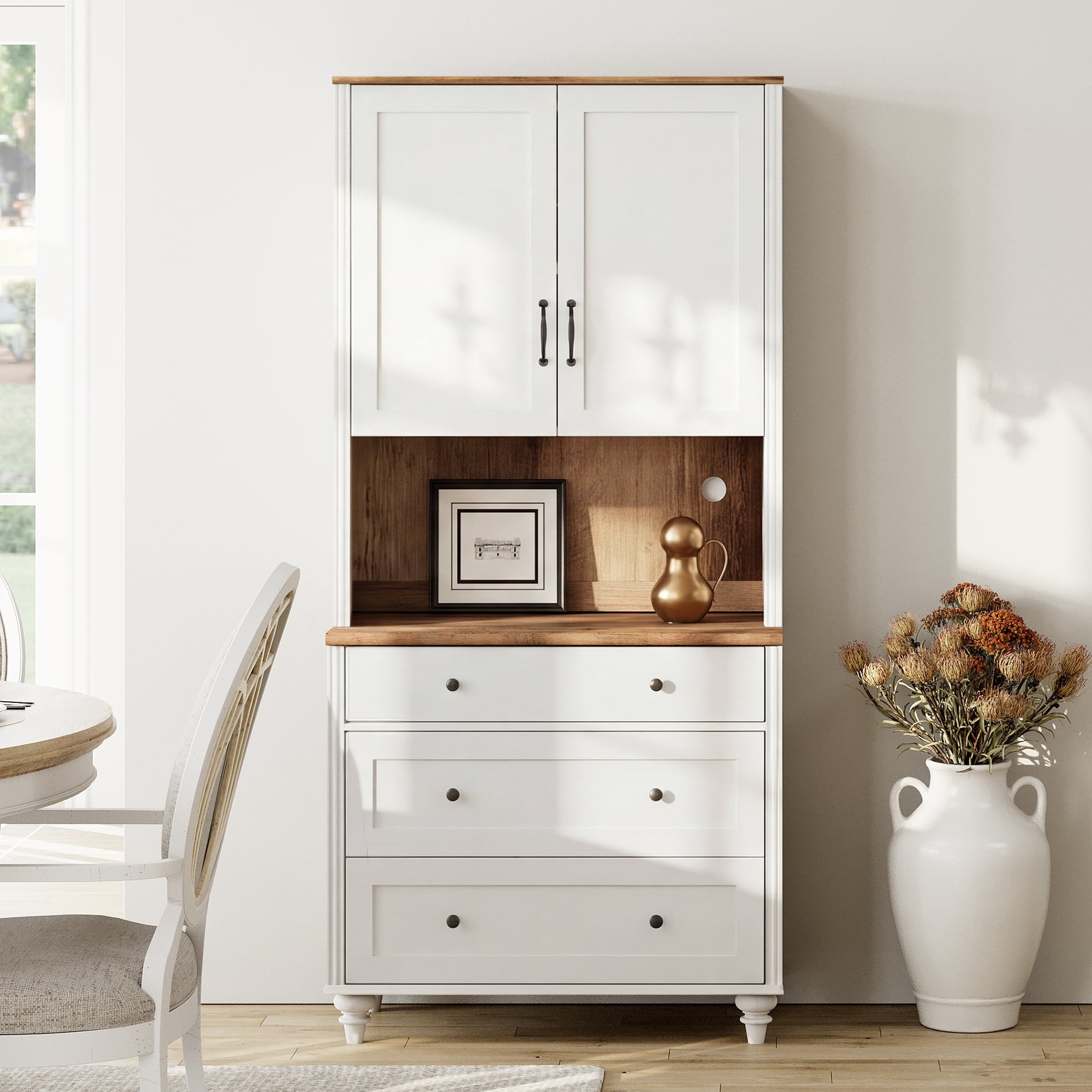 72"H × 34"W Modern Farmhouse Wooden Library Bookcase with Wood Doors & 3 Drawers, Freestanding Storage Bookshelf for Living Room, Office & Study Room, White
