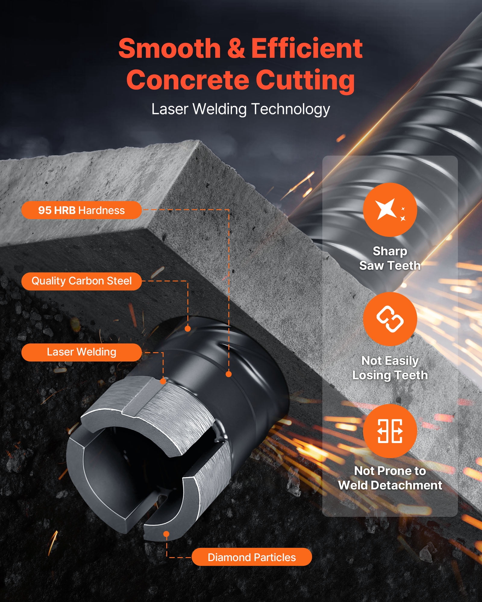 VEVOR Core Drill Bit, 1 inch Diameter, 9-1/2 inch Drilling Depth, 5/8-11 Internal Thread, Diamond Dry Coring Bit with 3 Adapters, Pilot Drill and Hex Wrench, for Concrete, Red Bricks, and Masonry