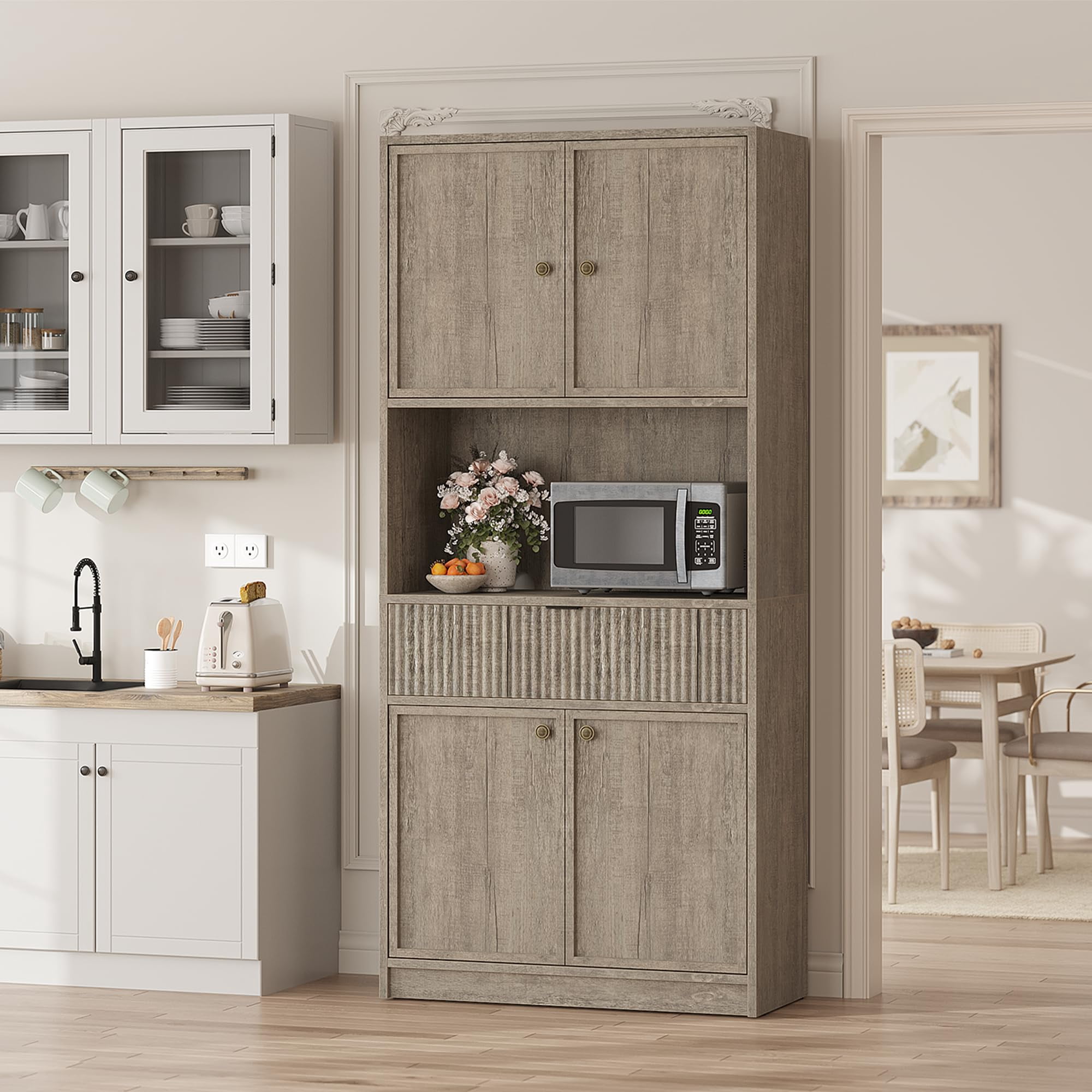 Danolapsi 70" Tall Pantry Cabinet, Kitchen Hutch Storage Cabinet with Countertop for Microwave, Fluted Pantry Storage Cabinets with Drawer, Freestanding Cupboard for Dining Room, Living Room