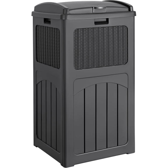 Sunny Lane 33 Gallon Outdoor Trash Can, Hideaway Garbage Bins with Tiered Lid, Waterproof Resin Outside Waste Bins for Patio, Outside Pool, Backyard and Deck (1, Gray)