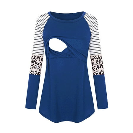 

QISIWOLE Maternity Round Neck Stripe Leopard Long Sleeve Breast Feeding Pregnant Woman Nursing Blouse Tops Deals