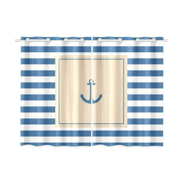 MKHERT Nautical Anchor And Blue White Stripes Window Curtains Kitchen Curtain Room Bedroom