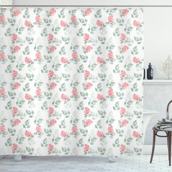 Ambesonne Floral Shower Curtain, Rose Petals Blossoms, 69"Wx70"L, Pale Pink Turquoise