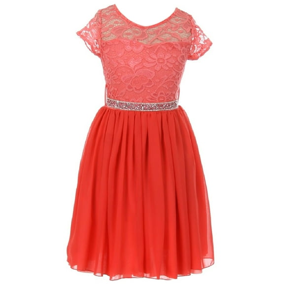 Little Girl Cap Sleeve Lace Top Chiffon Holiday Flower Girls Dresses (20JK53S) Coral 2
