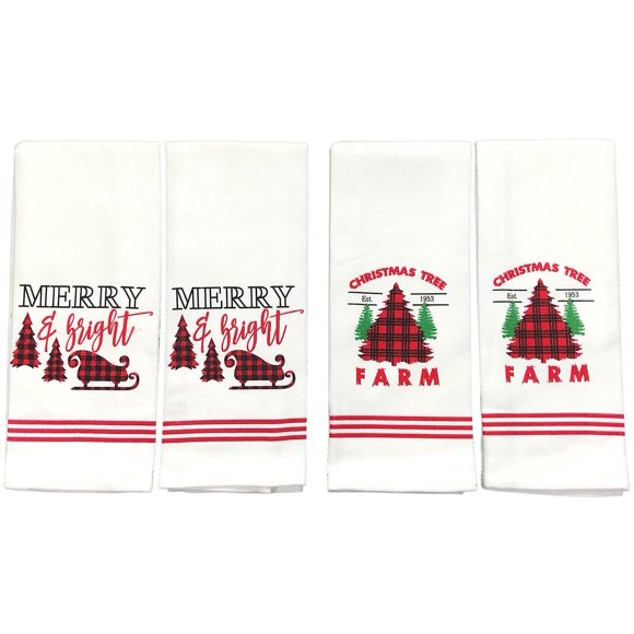 Christmas Kitchen Hand Towels: Decorative Farmhouse Check Sleigh Rides and Tree Farm Prints on Herringbone Cotton Weave with Easy Hang Fabric Loop (Merry Farm)