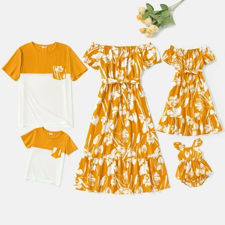 

PatPat Family Matching Cotton Colorblock Raglan Sleeve T-shirts and Allover Floral Print Drawstring Ruched Bodycon Dresses Sets