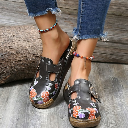 

FITORON Womens Slippers- Folk-Custom Color Block Hollow-out Manual Flower Printeding Splice Color Flat Heel Sandals Shoes Coffee 39