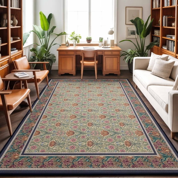 Large Area Rugs 8'x10', Boho Floral Carpet Runner Indoor Outdoor Rugs Home Decor Aesthetic, Vintage Flowers Abstract Art Ethnic Tribe Non Slip Mats Washable Accent Rug for Living Room Bedroom