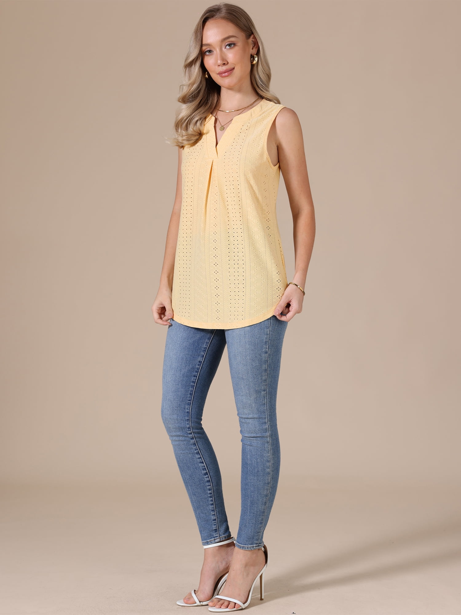 DARING DIVA Women's Eyelet Tank Top Sleeveless V Neck Casual Summer Blouse M Yellow