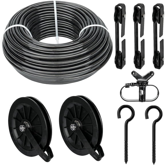 Tootaci 150Ft Clothesline Outdoors Kit, Black Pvc Coated Heavy Duty Stainless Steel Wire with 2PCS Pulley System, M8 Metal Hooks, 3 Separator for Outside