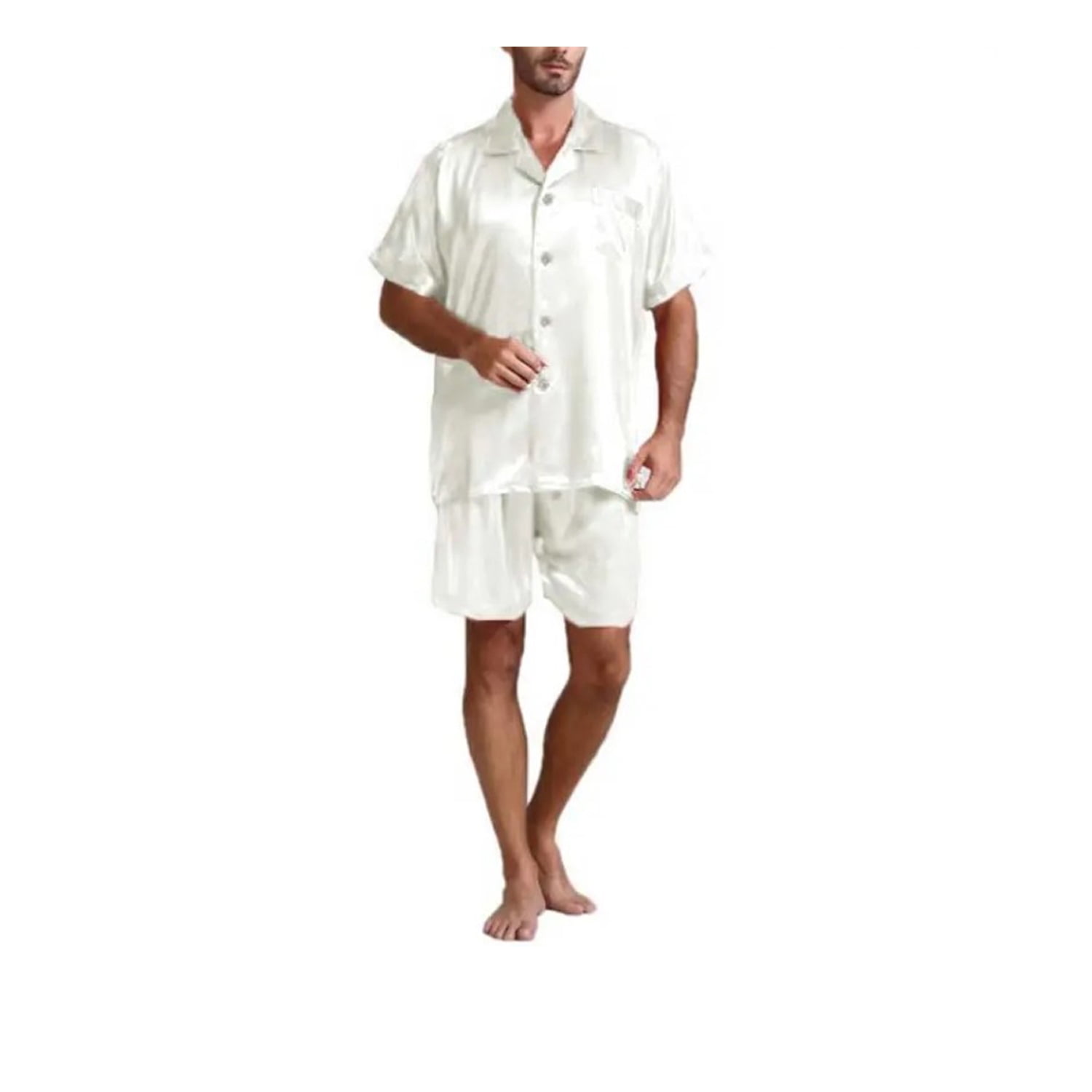 Diconna Men Stain Silk Short Sleeve Pajama Set Silk Sleepwear White XXL ...