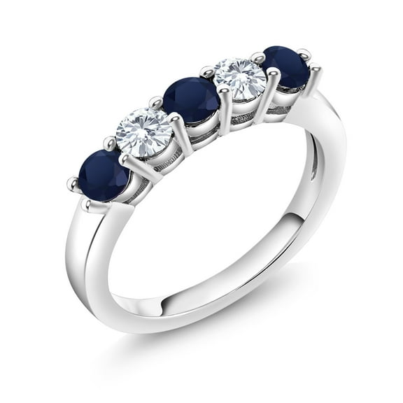 Gem Stone King 925 Sterling Silver Blue Sapphire and White Moissanite 5-Stone Wedding Anniversary Band Ring for Women (1.07 Cttw, Gemstone September Birthstone, Size 9)