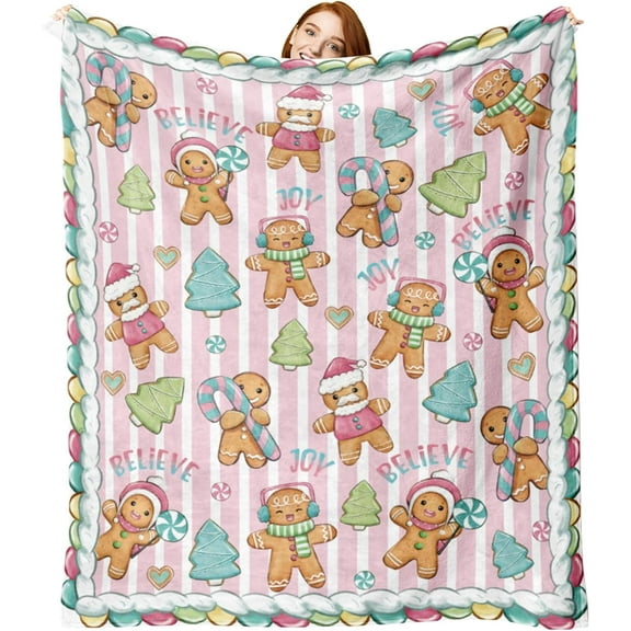 Christmas Gingerbread Man Flannel Blanket, Pink Xmas Tree Stripes Throw Blanket Gifts for Kids Men Women, Funny Winter Holiday Soft Blanket for Bedding Sofa 50 x 60 Inch
