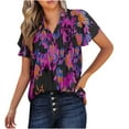 thumbnail image 2 of Women's Casual V-Neck Boho Floral Tops Ruffle Short Sleeve Blouse Pleated Babydoll T Shirt Blue,L, 2 of 6