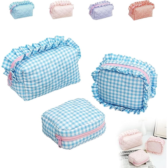 <new_title>Ruffle Travel Cute Pouch Cosmetic Organizer Makeup Bag, Gingham Checkered, Blue</new_title>