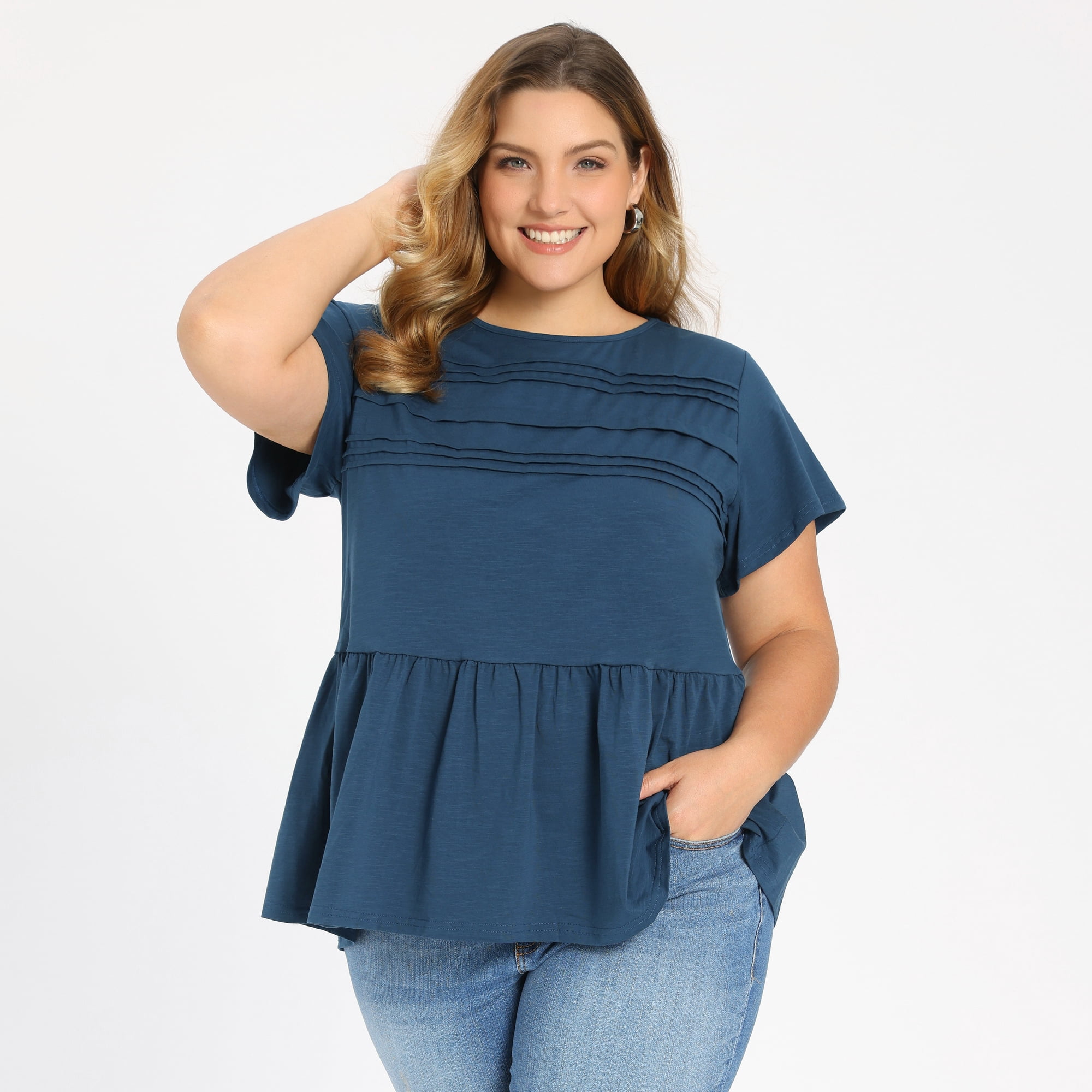 DARING DIVA Women's Plus Babydoll Blouse Trendy Flowy Peplum Tops 2X Dark Blue