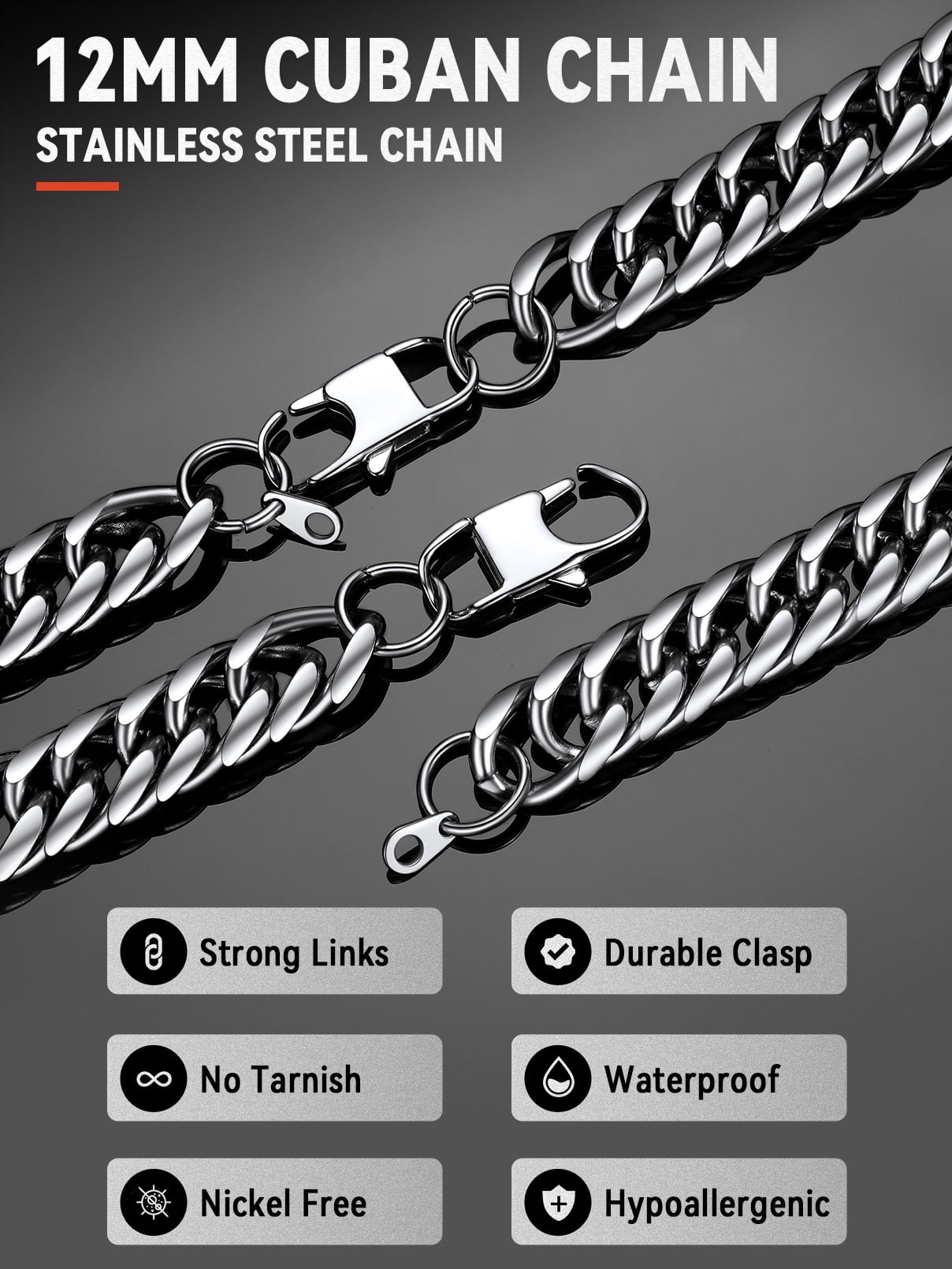 FaithHeart Miami Cuban Link Chain Necklace for Men Silver Stainless Steel 12mm Curb Chains Mens Necklace Hip Hop Jewelry Gift for Husband Anniversary 22"