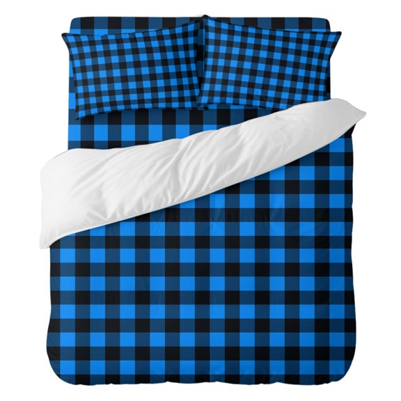 Duvet Cover Set California king Size 4 Pieces, Deepblue Black Check Comforter Cover Soft Bedding Sets, Minimalist Grid Bed Set Include 1 Duvet Cover, 2 Pillow Shams, 1 Bed Sheet for All Season