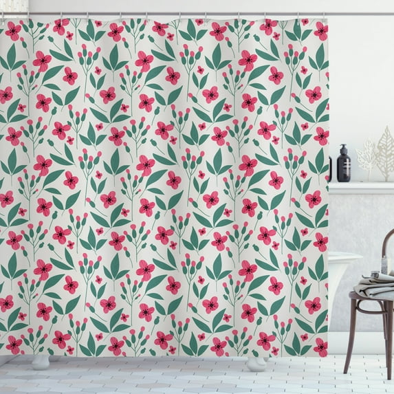 Flower Shower Curtain, Shabby Iris Field with Leaves Blooms Spring Bouquet Flourishing Nature, Fabric Bathroom Set with Hooks, 69W X 84L Inches Extra Long, Dust Pink Jade Green, by Ambesonne