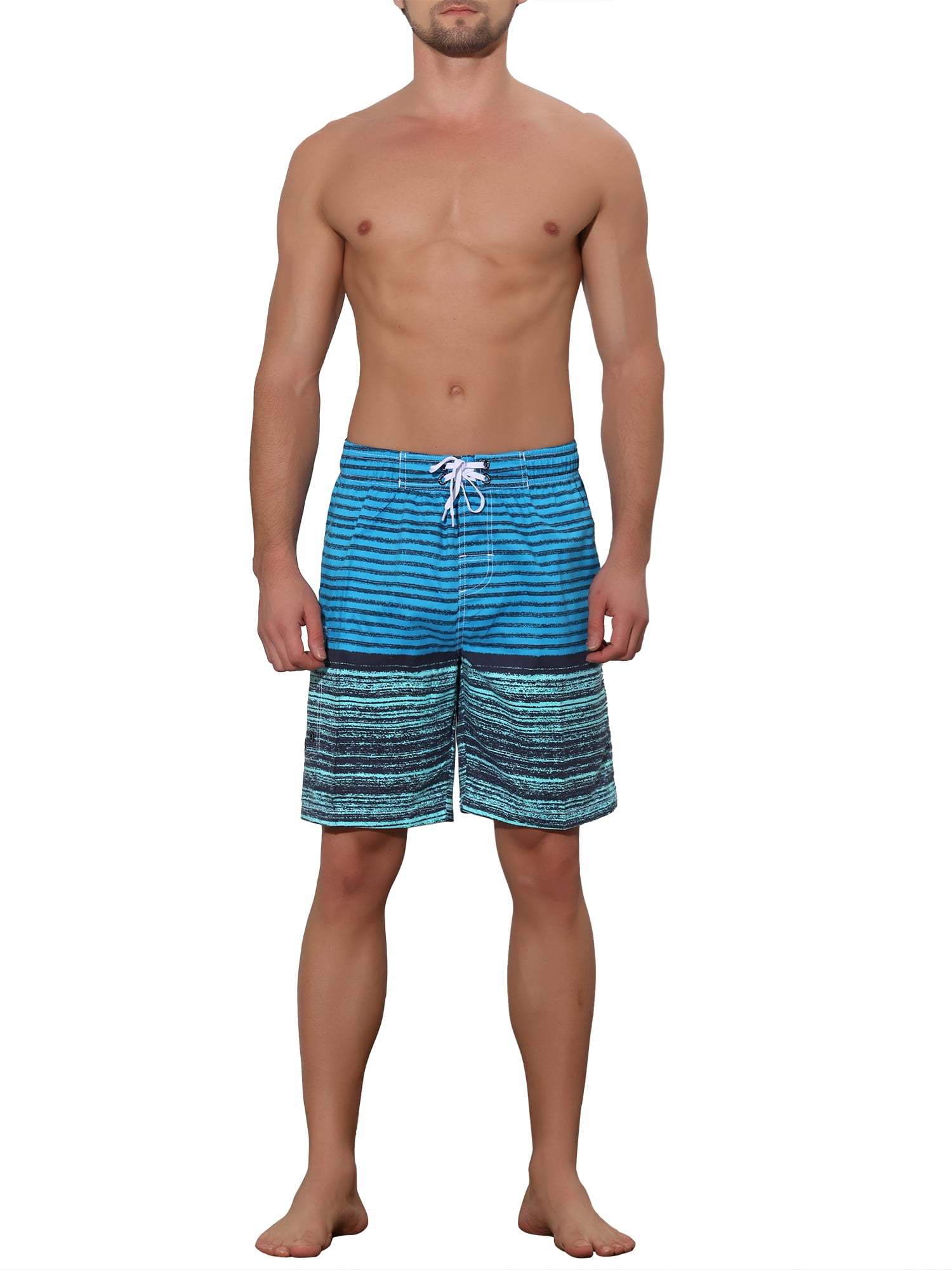 Unique Bargains Men's Color Block Stripes Pattern Drawstring Waist Swimwear Shorts 30 Light Blue