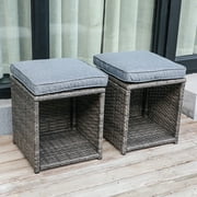 JOIVI 2 Pieces Outdoor Patio Ottoman, All Weather Rattan Wicker Ottoman Set, Outdoor Footstool Footrest Seat with Removable Cushions Storage Space, Gray