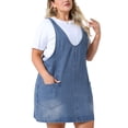 thumbnail image 4 of Vestido de mezclilla sin mangas de talla grande para mujer Agnes Orinda, con escote en V, vestido casual con bolsillos, 2X azul cielo, 4 of 4