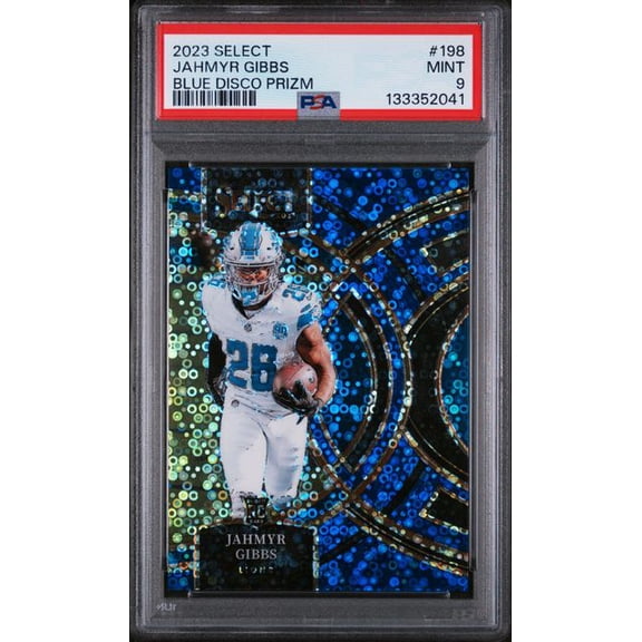 Graded 2023 Panini Select Jahmyr Gibbs #198 1/25 Blue Disco Prizm Rookie RC Football Card PSA 9 Mint