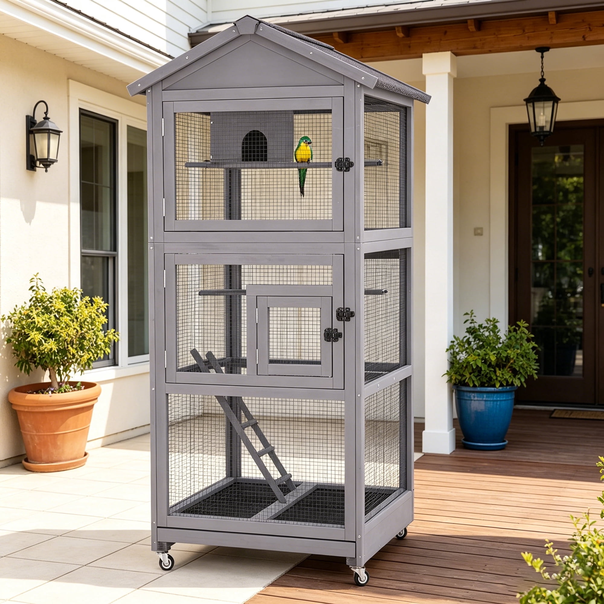 Aivituvin Large Bird Cage Outdoor Wooden Aviary Indoor on Wheels, with Play Stand, Perches, Nest Habitat & Wire Mesh Tray for Easy Cleaning