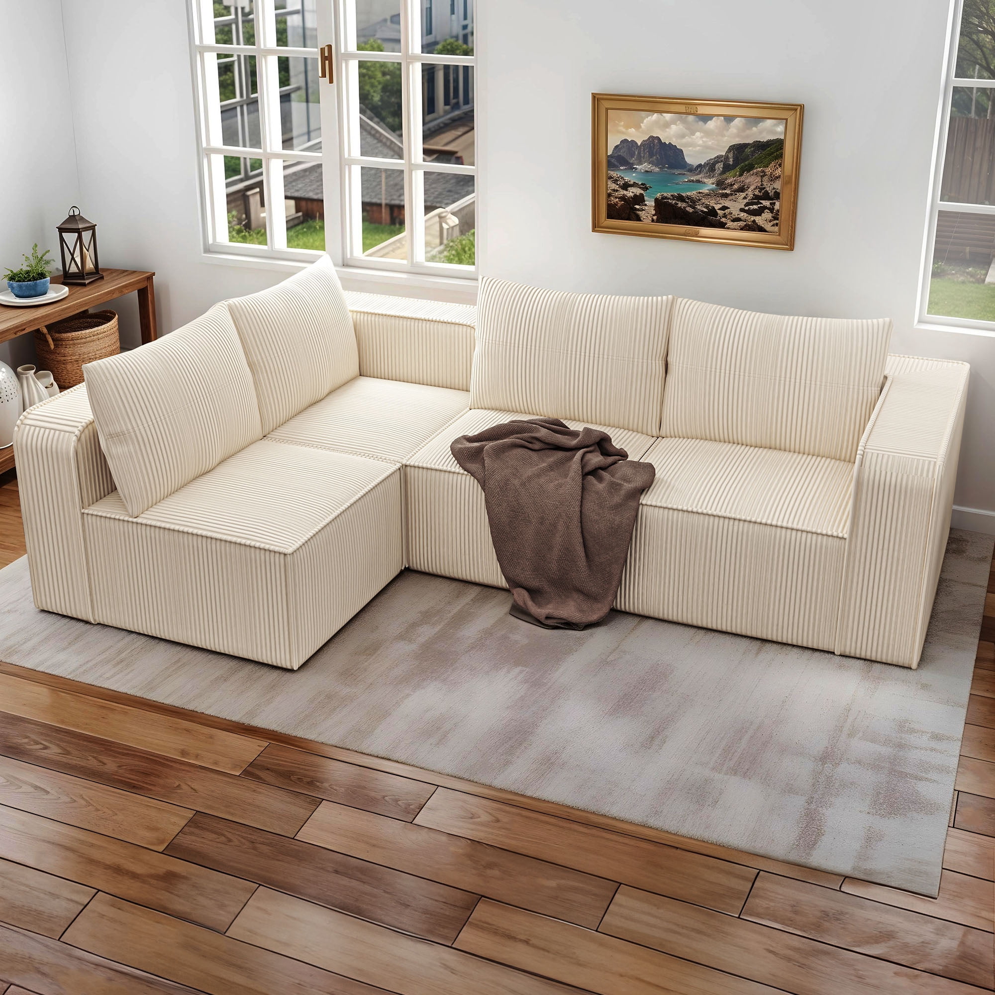 Uforic Cloud Sectional Sofa Couch with L-Shape Chaise, Deep Seat, 4 Pillows, Corduroy Upholstery for Indoor, White