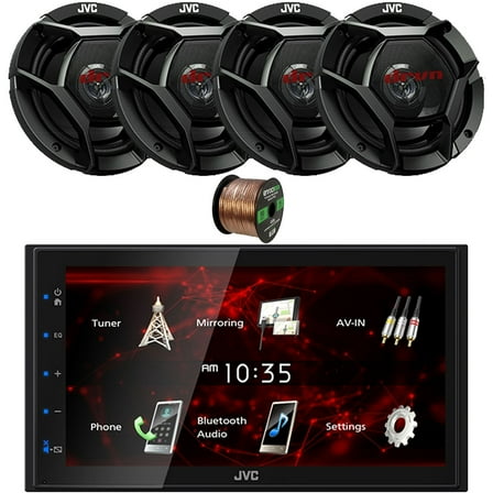 JVC Double DIN In-Dash 6.8" Touchscreen Bluetooth USB Digital Multimedia Car Radio Receiver, 4x 6.75" 300 Watt Max Power 2-Way Automotive Audio Speakers, 16 Gauge 50 ft Speaker Wire