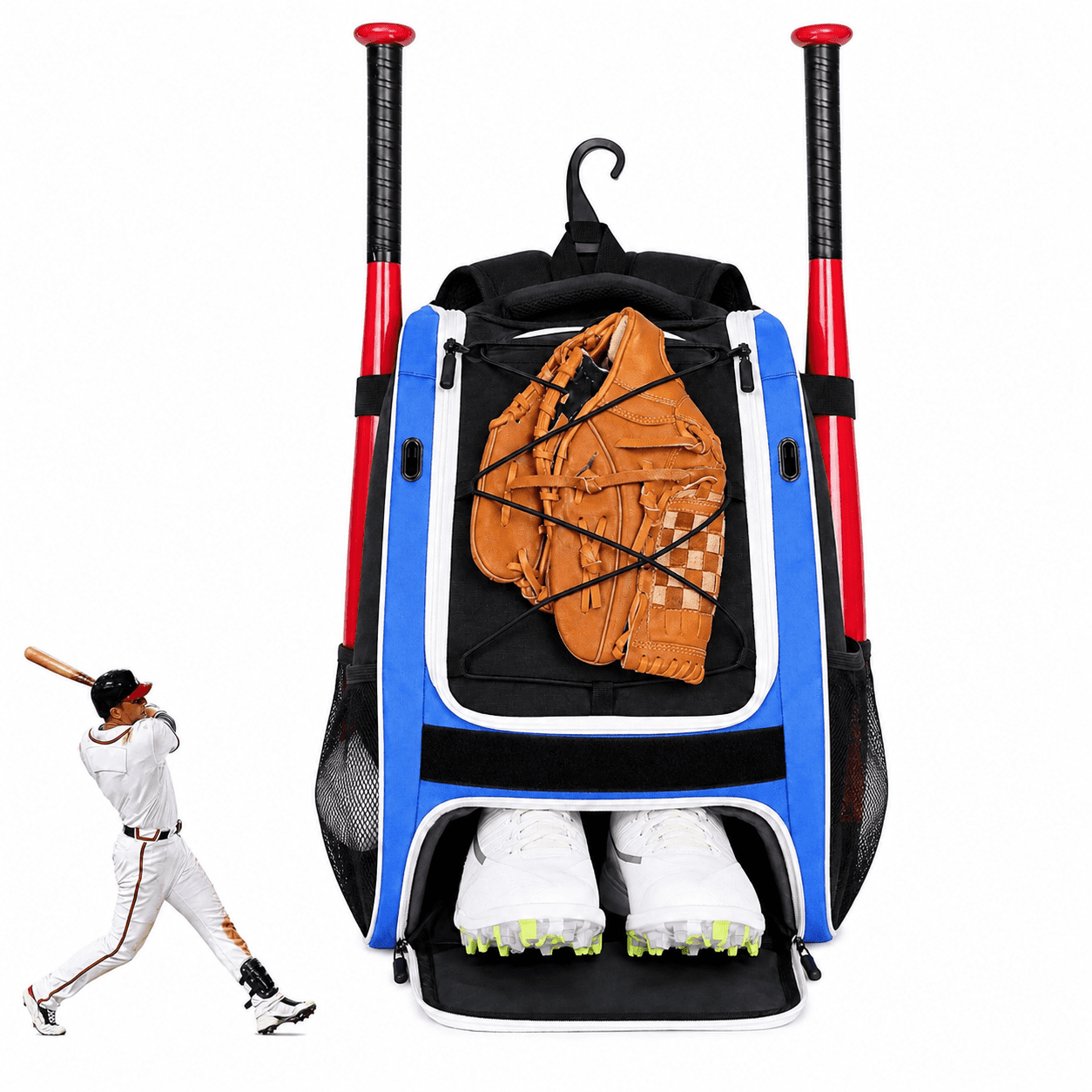 KOYMISKU Baseball Bag, Lightweight Water-Resistant Softball and T-Ball Backpack with Fence Hook and Shoe Compartment for Youth and Adults