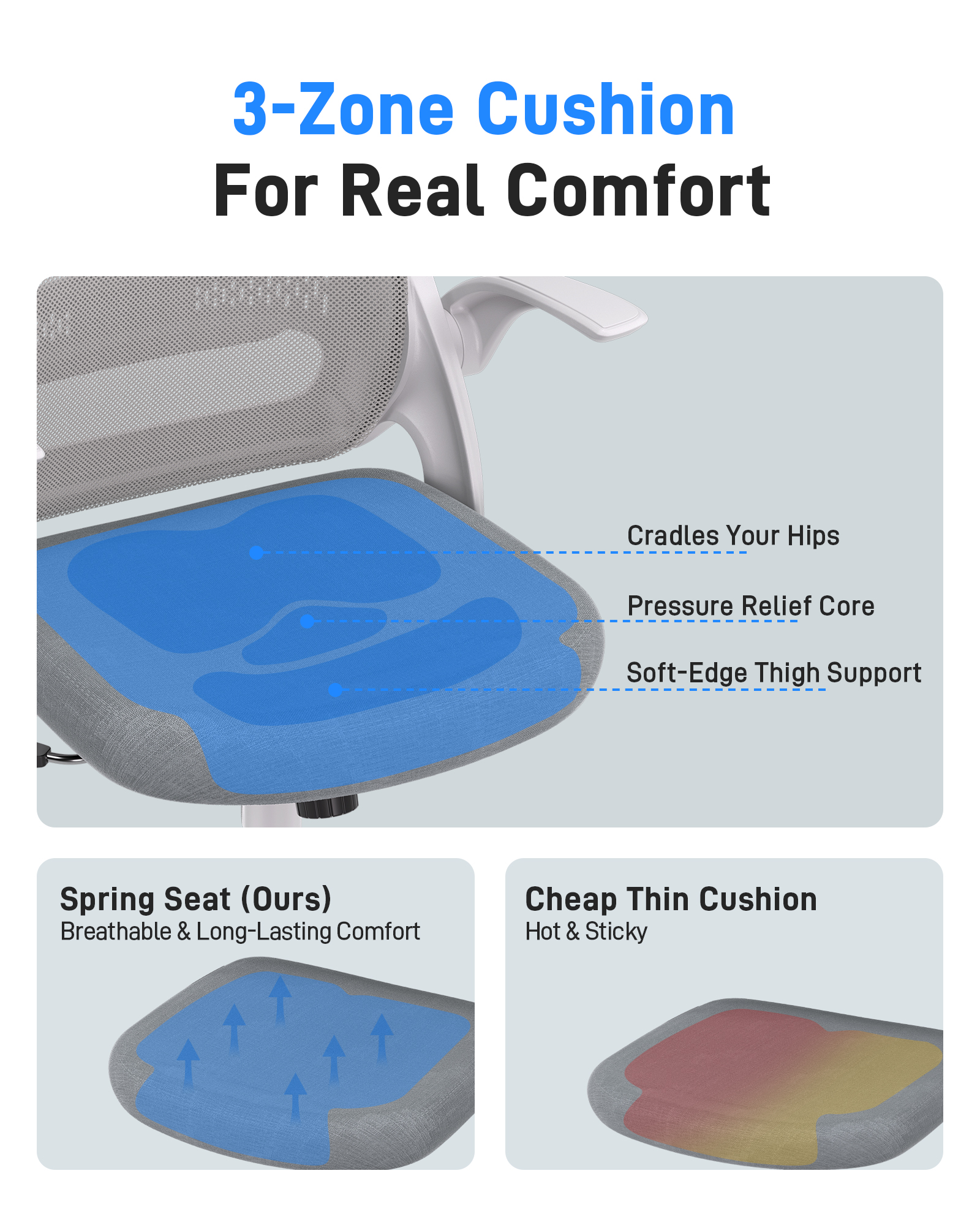 TMV Ergonomic Office Chair, Mesh Computer Chair with Wide Seat & Arms - Rolling Desk Chair with Wheels for Home Office, Gaming, or Living Room，Grey