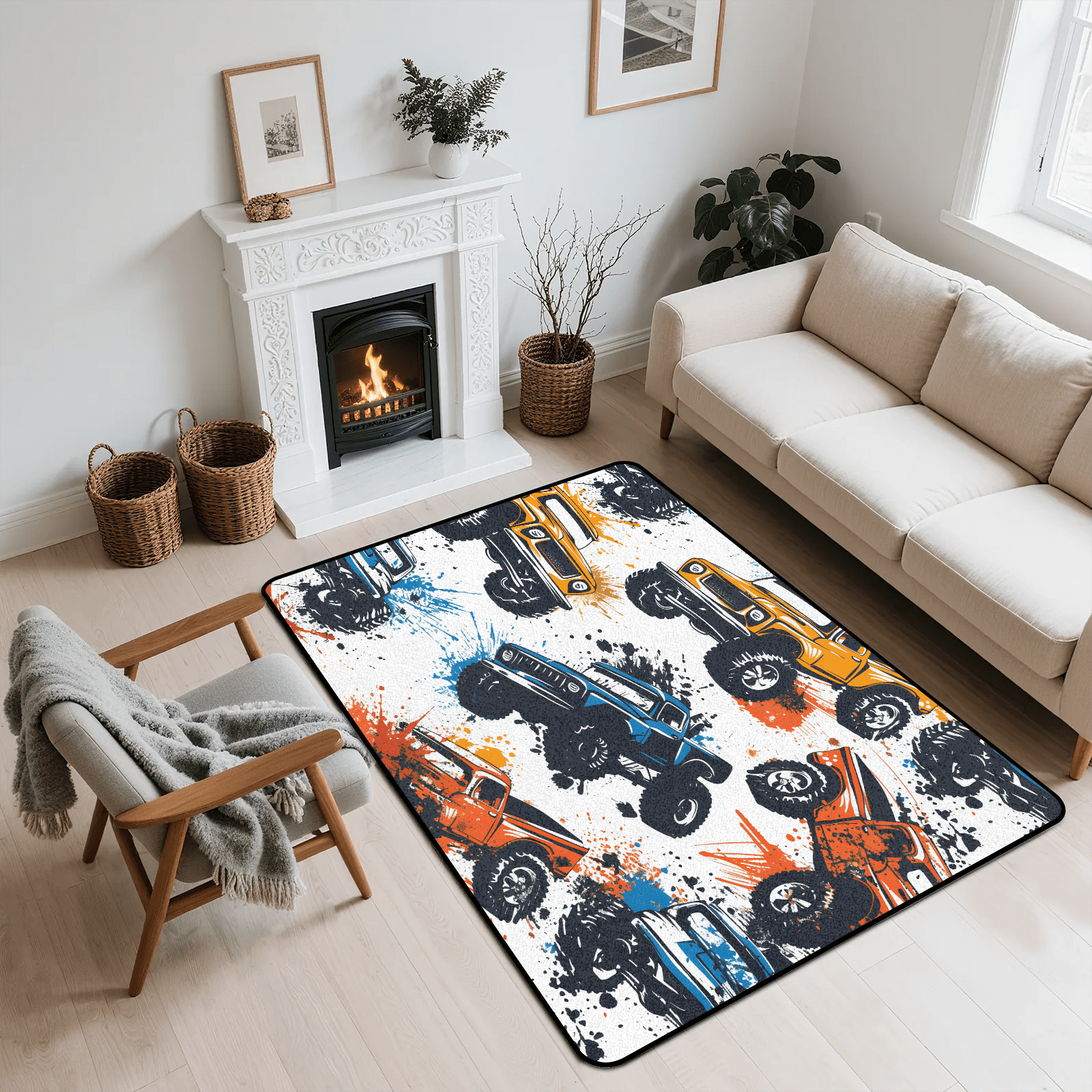 CURLYOOT Monster Truck Rug for Living Room Bedroom, 4x6 Ft