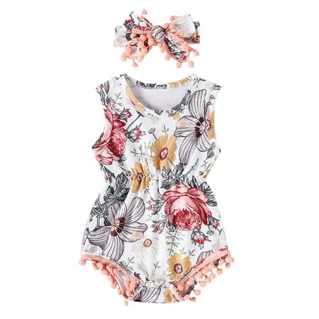 

Spring hue Sleeveless Printed Round Neck Pompom Romper with Bowknot Headband