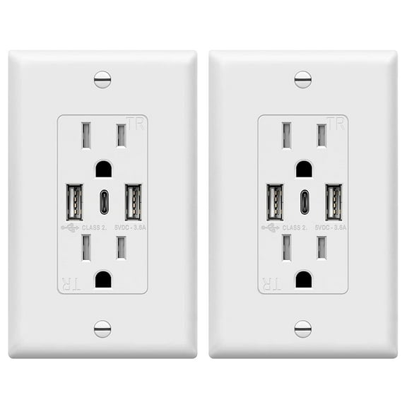 TOPGREENER USB Outlet, 3-Port Type C Wall Outlet, 15 Amp Receptacle Plug, Charging Power Outlet with USB Ports, Compatible with iPhone 15 Series & More, UL Listed, TU21536AC3-2PCS, White, 2 Pack