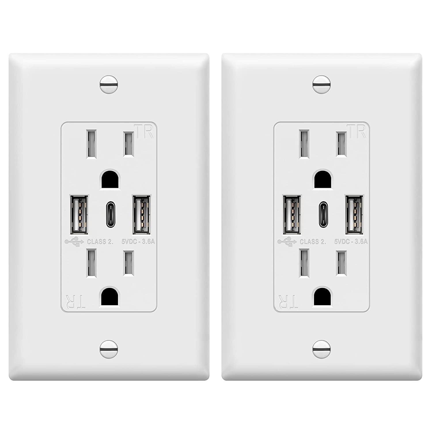 TOPGREENER USB Outlet, 3-Port Type C Wall Outlet, 15 Amp Receptacle Plug, Charging Power Outlet with USB Ports, Compatible with iPhone 15 Series & More, UL Listed, TU21536AC3-2PCS, White, 2 Pack